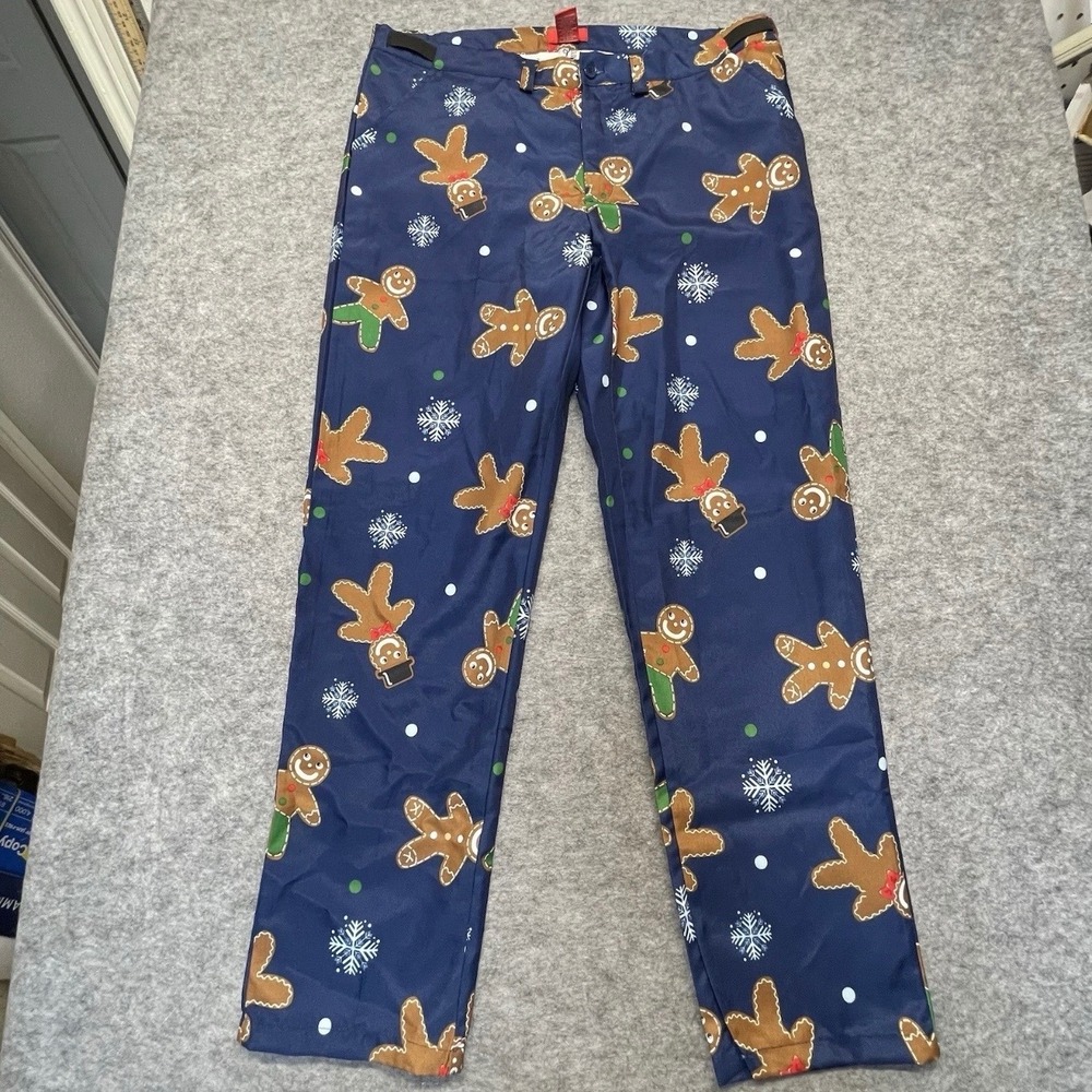Dec. 25th Christmas Pants Mens L Gingerbread Man Navy Blue Snowflake Polyester